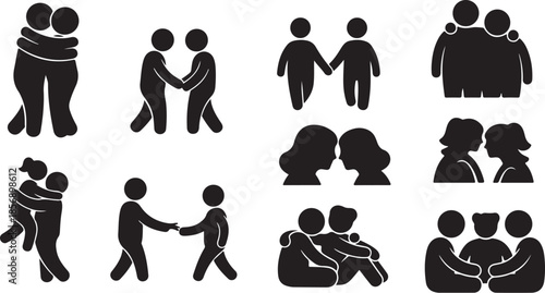 Simple black silhouettes depicting various human interactions and relationships