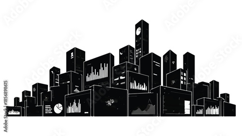 Modern city skyline urban landscape illustration with skyscrapers and buildings in black and white