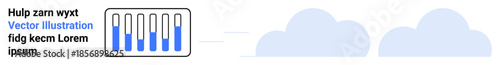 Rectangular progress bar with blue highlights paired with two simple cloud icons. Ideal for analytics, workflow, cloud storage, technology, milestones, data tracking, and simple landing page