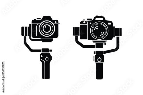 A set of camera with gimbal stabilizer silhouette vector art illustration