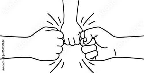 Line art illustration of a three-way fist bump representing teamwork family unity and community collaboration.