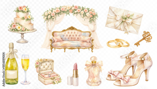 Romantic wedding clipart collection with floral arch sofa, cake, champagne, rings, envelope, perfume, lipstick and elegant bridal shoes in soft pastel watercolor style. Vector illustration