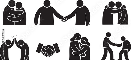 Collection of black and white icons depicting human interaction