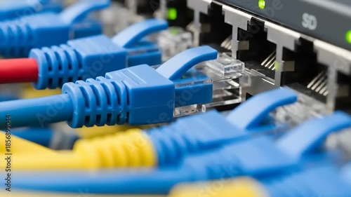 Network cables connected to a server data transfer and internet connection.