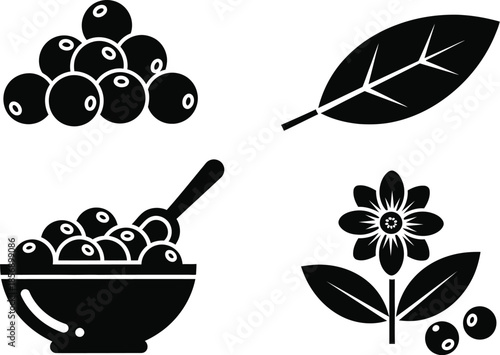 Black and white icons of blueberries with leaves and a bowl of fruit plus a blueberry flower