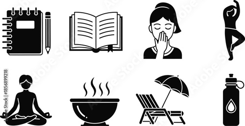 Nine icons representing various activities including a notebook and book with a person meditating