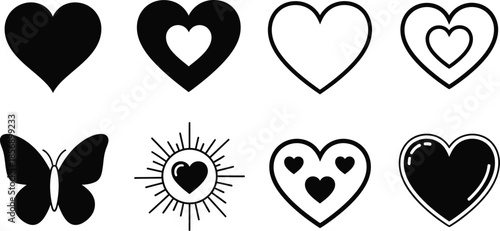 Set of black and white megaphones with different sound wave patterns for loudspeaker announcements