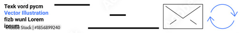 Digital communication, email workflow, automation, messaging services, process flow, business operations. Minimalist graphic showing an envelope, arrows and text lines. Email workflow and automation
