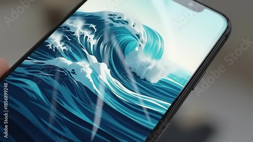 Ocean Wave Wallpaper on Smartphone Screen CloseUp.
