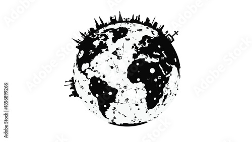 Distressed globe earth with spikes and cracks on white background, symbolizing global issues and environmental damage