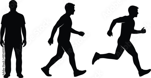 Three black silhouettes of a man in different moving positions including standing walking and running