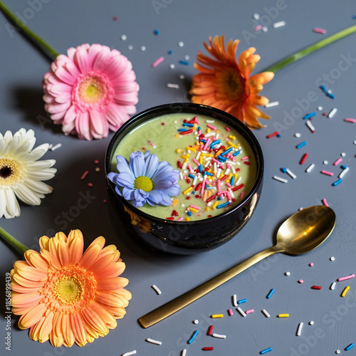 Vibrant green soup in a black bowl with a pink flower garnish
