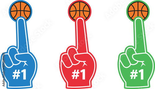 Set of three colorful foam finger icons with basketball and number one graphic for sports fan engagement and marketing.