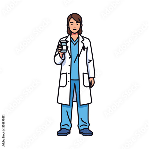 Female scientist holding a jar in a white lab coat standing against a plain white background