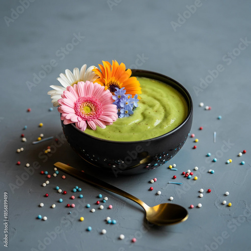 Vibrant green soup in a black bowl with a pink flower garnish