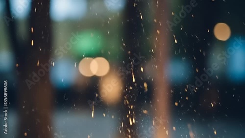 Raindrops falling on a window with blurred city lights in the background at night.