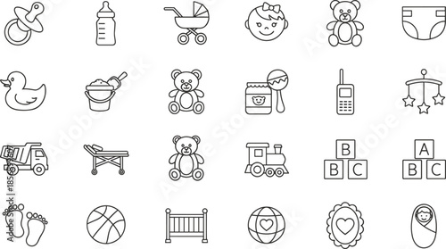 Line art baby icons set featuring infant essentials like pacifier stroller teddy bear toys diaper bottle and nursery equipment for parenting and motherhood vector illustrations