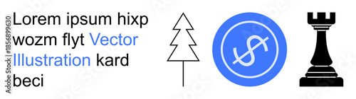 Business strategy, financial growth, planning, investment, decision-making, conceptual design. A tree outline, a dollar symbol in a circle and a chess rook. Strategy and financial growth concepts