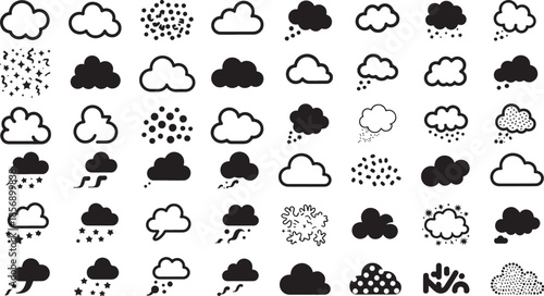 Collection of various cloud and weather icons in different styles and shapes for design use