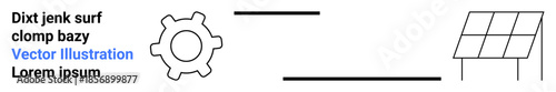 Renewable energy, technology innovation, sustainability, solar power, engineering, gears. A gear icon next to a solar panel diagram with connecting lines. Renewable energy and technology innovation