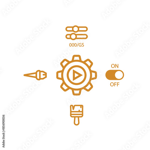 Settings and Configuration Icon Set with Gear Play Button UI Toggles Sliders Paintbrush and Pen Tool Vector Illustration