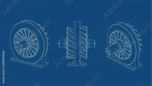 Industrial Turbine Blueprint Technical Drawing with Orthographic and Isometric Views