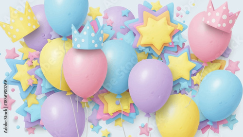 Colorful Balloons and Crowns Celebration Background.
