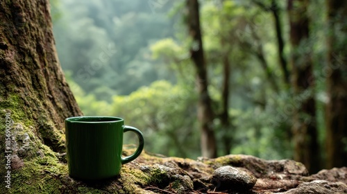 Dark green beverage container rests on mossy ground beside large tree trunk in humid forest