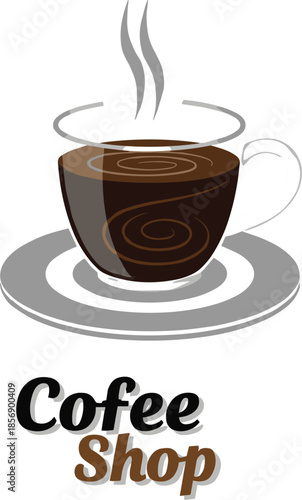 Modern coffee shop logo vector featuring a steaming cup of dark espresso on a saucer with elegant typography isolated on white background.