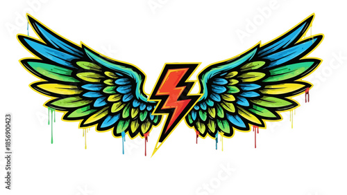 Vibrant Graffiti-Style Wings with Red Lightning Bolt and Dripping Paint, Isolated White Background.