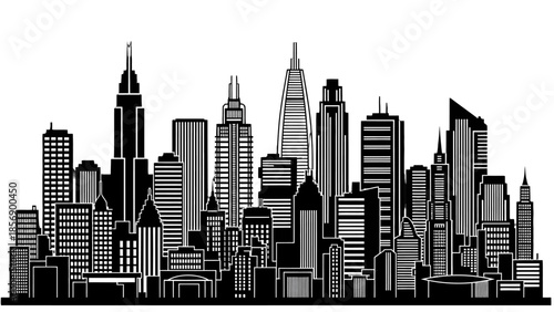 Detailed Black Outline City Skyline with Diverse Skyscrapers and Urban Architecture, Isolated White Background.