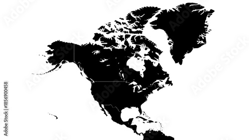 Minimalist Black Silhouette Map of North America Continent Outline on Isolated White Background
