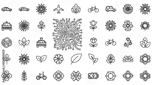 Diverse Collection of Outline Icons for Nature, Technology, and Transportation, Isolated White Background.