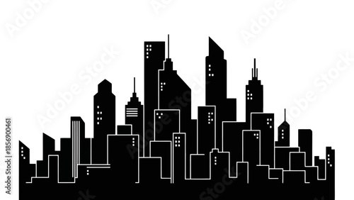 Minimalist Black Silhouette of City Skyline with Skyscrapers and Urban Buildings, Isolated White Background.