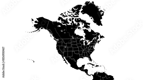 Black Silhouette Map of North America with Country and State Borders, Isolated White Background.
