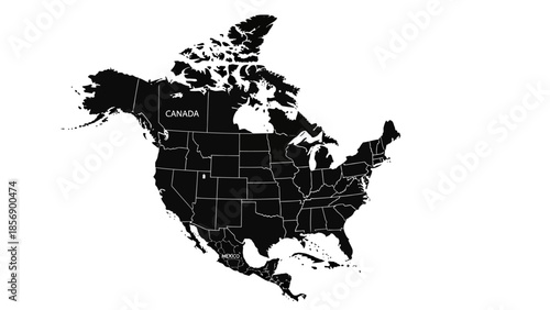 Black Silhouette Map of North America with Country Names and Internal Borders on Isolated White Background