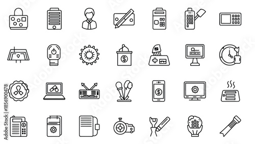 Extensive Collection of Line Art Icons for Business, Office, Technology, and Communication on Isolated White Background
