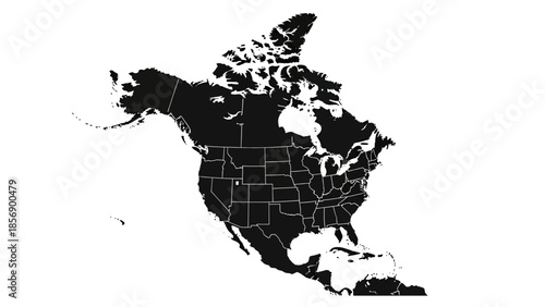 Black Silhouette Map of North America with Green Location Marker, Isolated White Background.