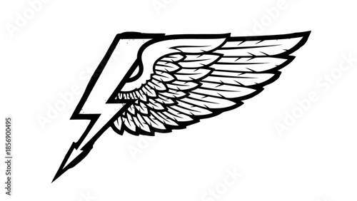 Graphic Outline of Wing with Lightning Bolt Symbol, Representing Speed and Power, Isolated White Background.