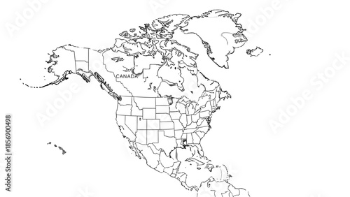 Detailed Outline Map of North America Showing Country and State Borders, Isolated White Background.