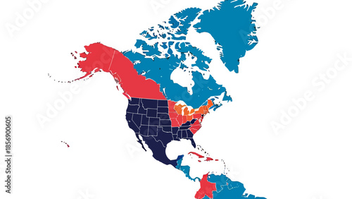North America Continent Map with Political Regions Highlighted in Red and Blue on Isolated White Background
