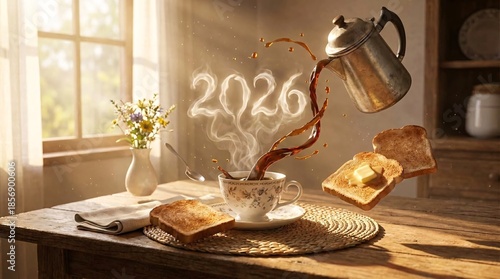 Magical Anti-Gravity Breakfast 2026 Steam Typography | Surreal Floating Coffee & Toast Concept | Premium Creative New Year Background