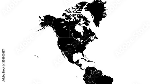 Black Silhouette Map of North America Continent on Isolated White Background