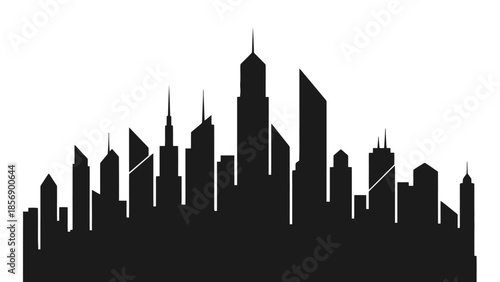 Modern City Skyline Silhouette with Tall Buildings and Skyscrapers on Isolated White Background