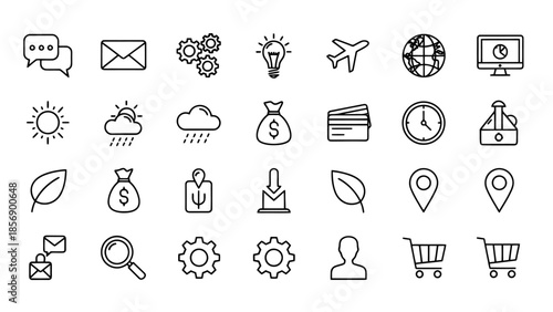 Large Set of General Purpose Outline Line Icons for Web and Mobile on Isolated White Background