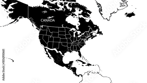 Black and White Outline Map of North America with Country Borders on an isolated white background.