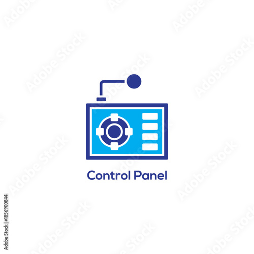 Professional control panel icon featuring a blue digital interface with buttons and microphone for technical system settings and management.