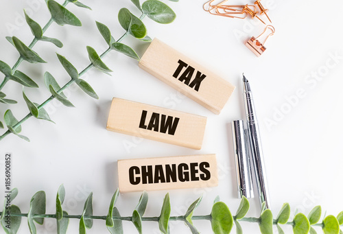 Wooden blocks with text tax law changes on white desk with green plant, pens and stationery items