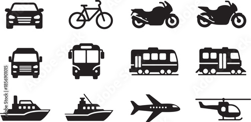 Collection of various transportation icons including vehicles and vessels