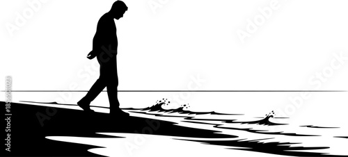 Silhouette of a contemplative man strolling along the shore in m
